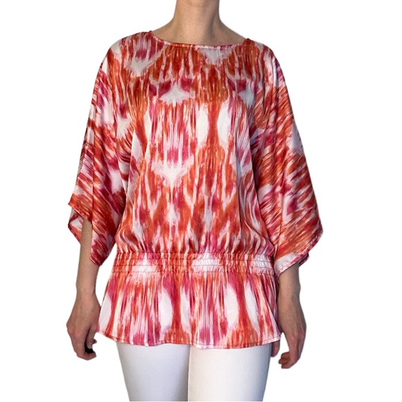 Chico's Tops - Chico's dolman sleeve tunic top pink white coral tie dye abstract print satin
